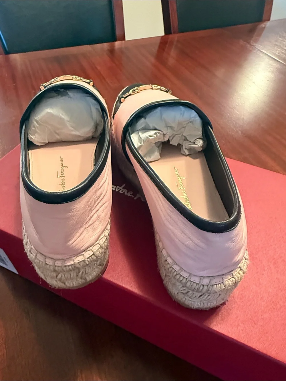 Salvatore Ferragamo Pink and black Leather Espadrilles with Gancini Trim